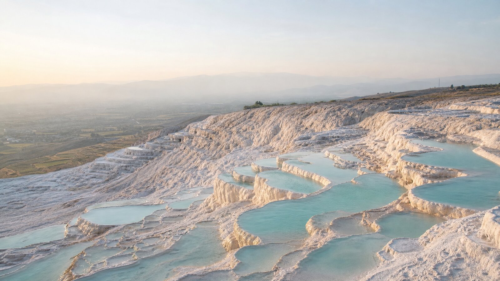 Denizli Pamukkale'de beyaz travertenler ve dağ manzarası