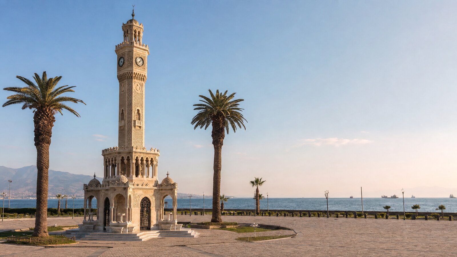İzmir Saat Kulesi ve arkasında Kordon'un deniz manzarası