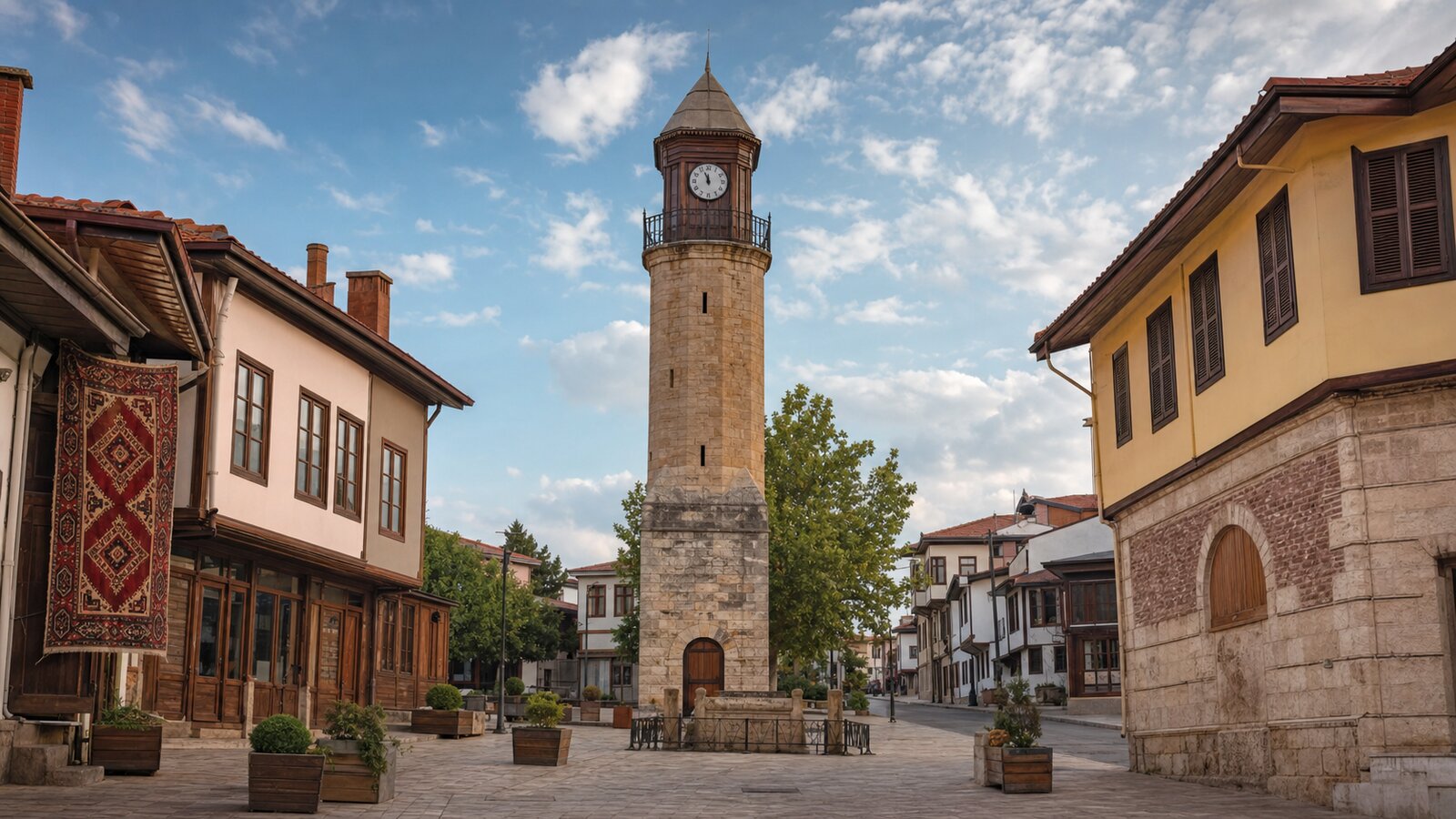 Uşak'ın tarihi saat kulesi ve halı motifli çarşı sokağı